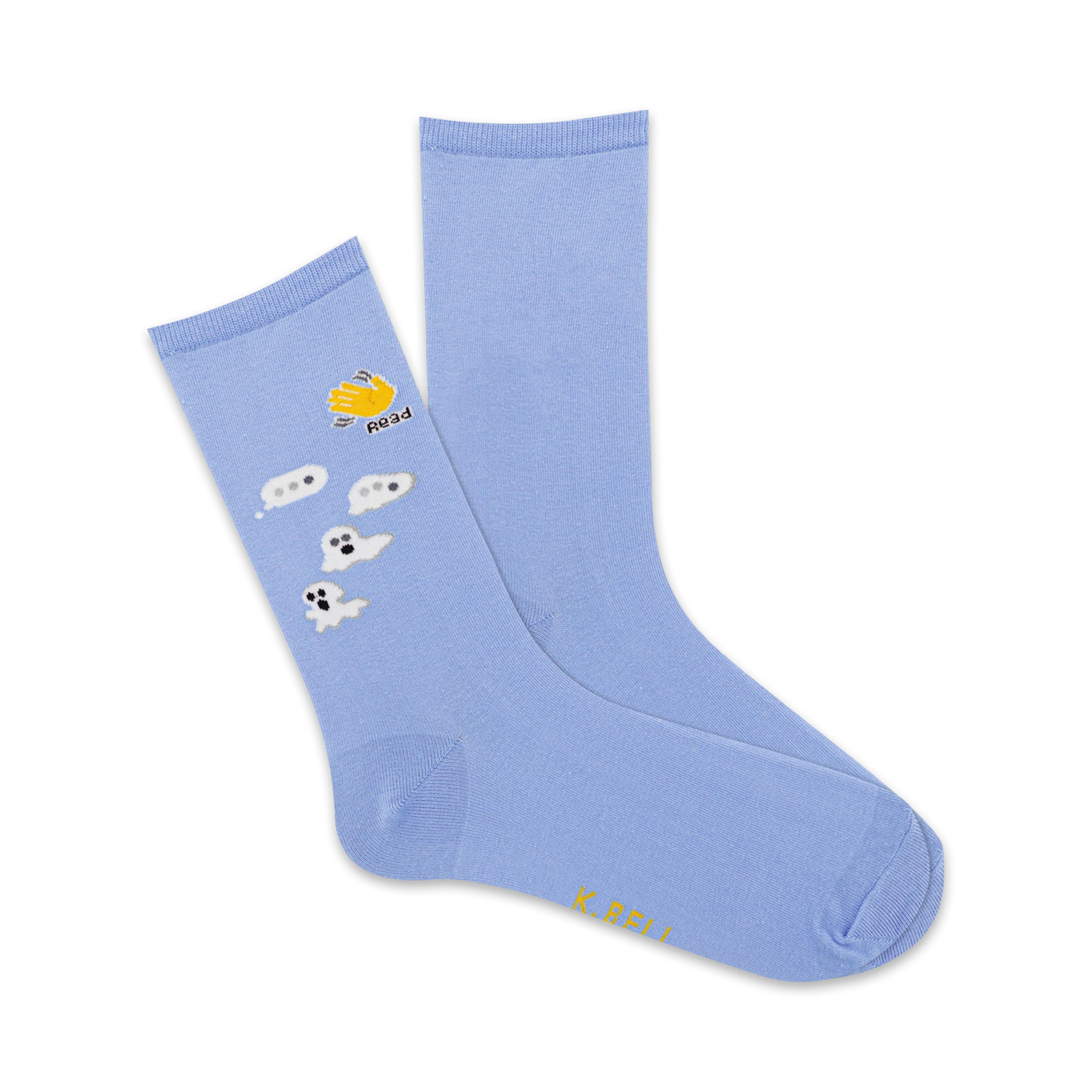 A pair of light blue crew socks with a whimsical design.  Small ghosts and speech bubbles, along with a yellow hand giving a 'read' gesture, are embroidered on one sock.
