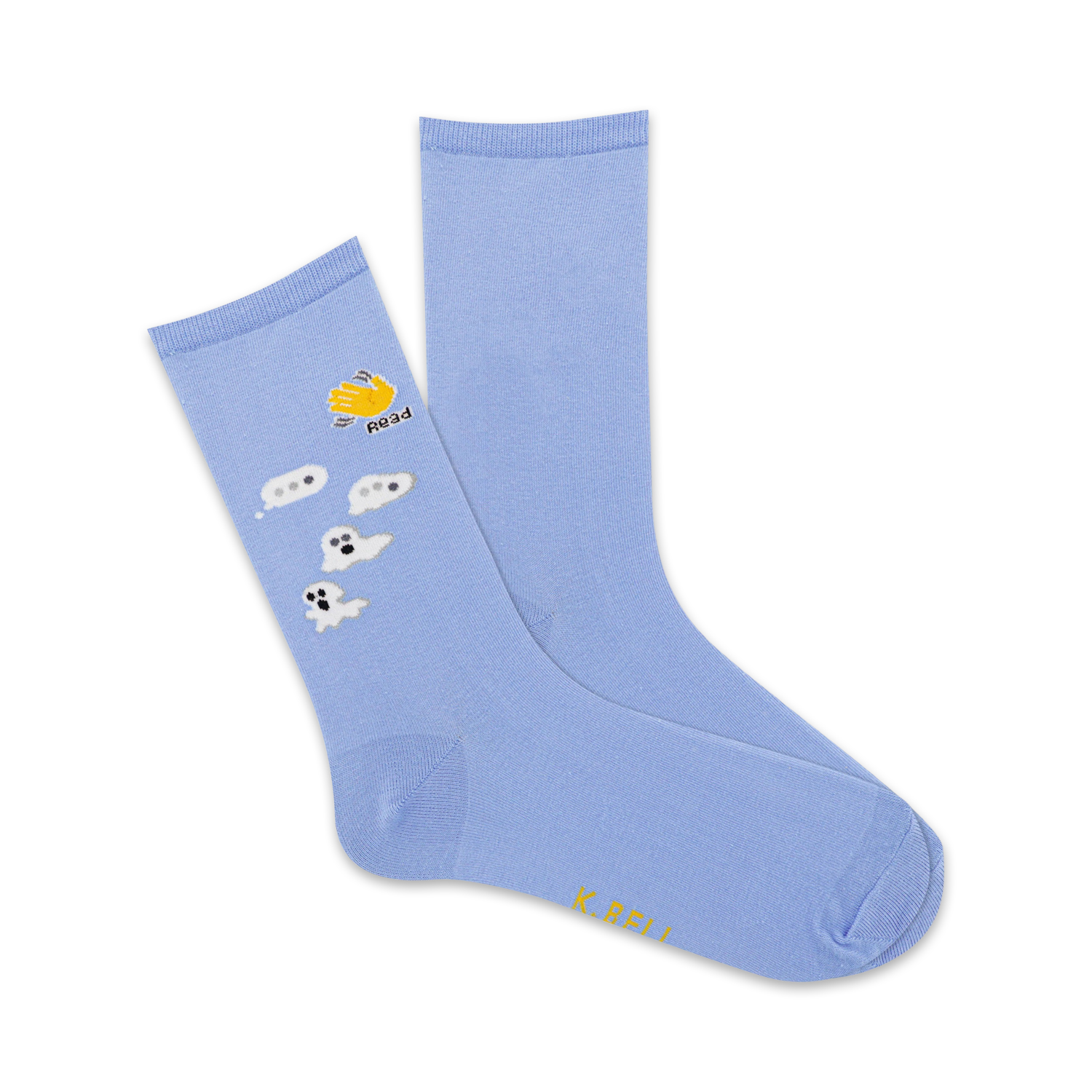 A pair of light blue crew socks with a whimsical design.  Small ghosts and speech bubbles, along with a yellow hand giving a 'read' gesture, are embroidered on one sock.