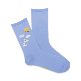 funny womens crew socks feature three cartoon ghosts with different expressions: smiling, tongue out, and winking.   