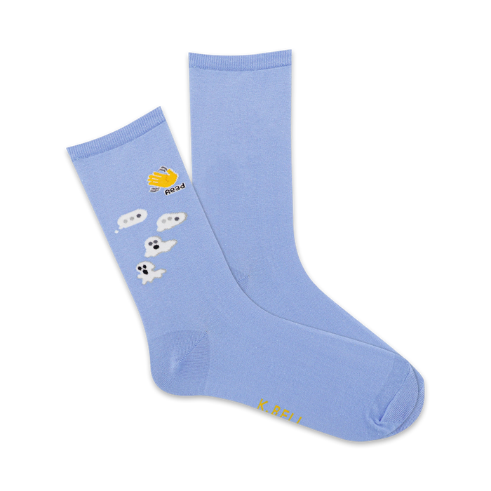 funny womens crew socks feature three cartoon ghosts with different expressions: smiling, tongue out, and winking.    }}