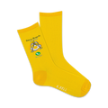 A pair of yellow crew socks with a whimsical illustration of eggs with champagne glasses, saying 'Boozy Brunch is Calling' and 'Accept'.