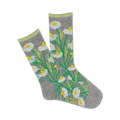 A pair of grey crew socks featuring a whimsical pattern of white daisies and green stems.  The socks have a lime green cuff.