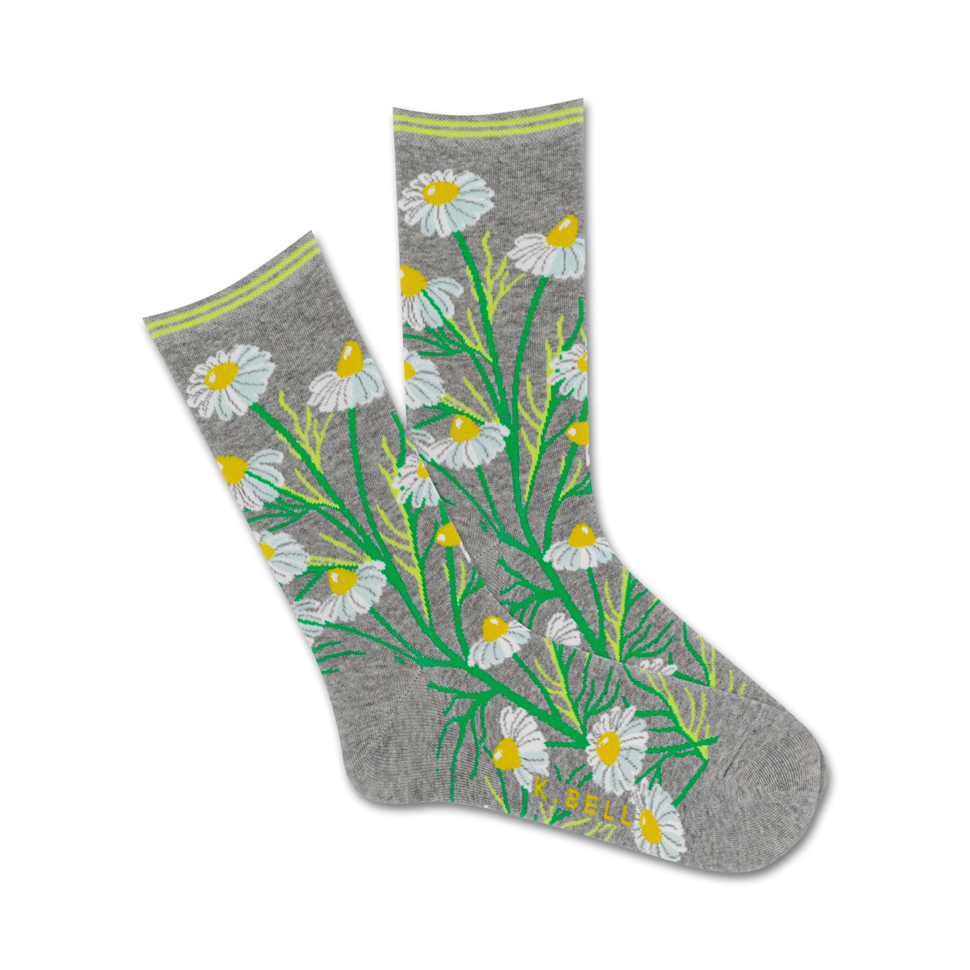 A pair of grey crew socks featuring a whimsical pattern of white daisies and green stems.  The socks have a lime green cuff.