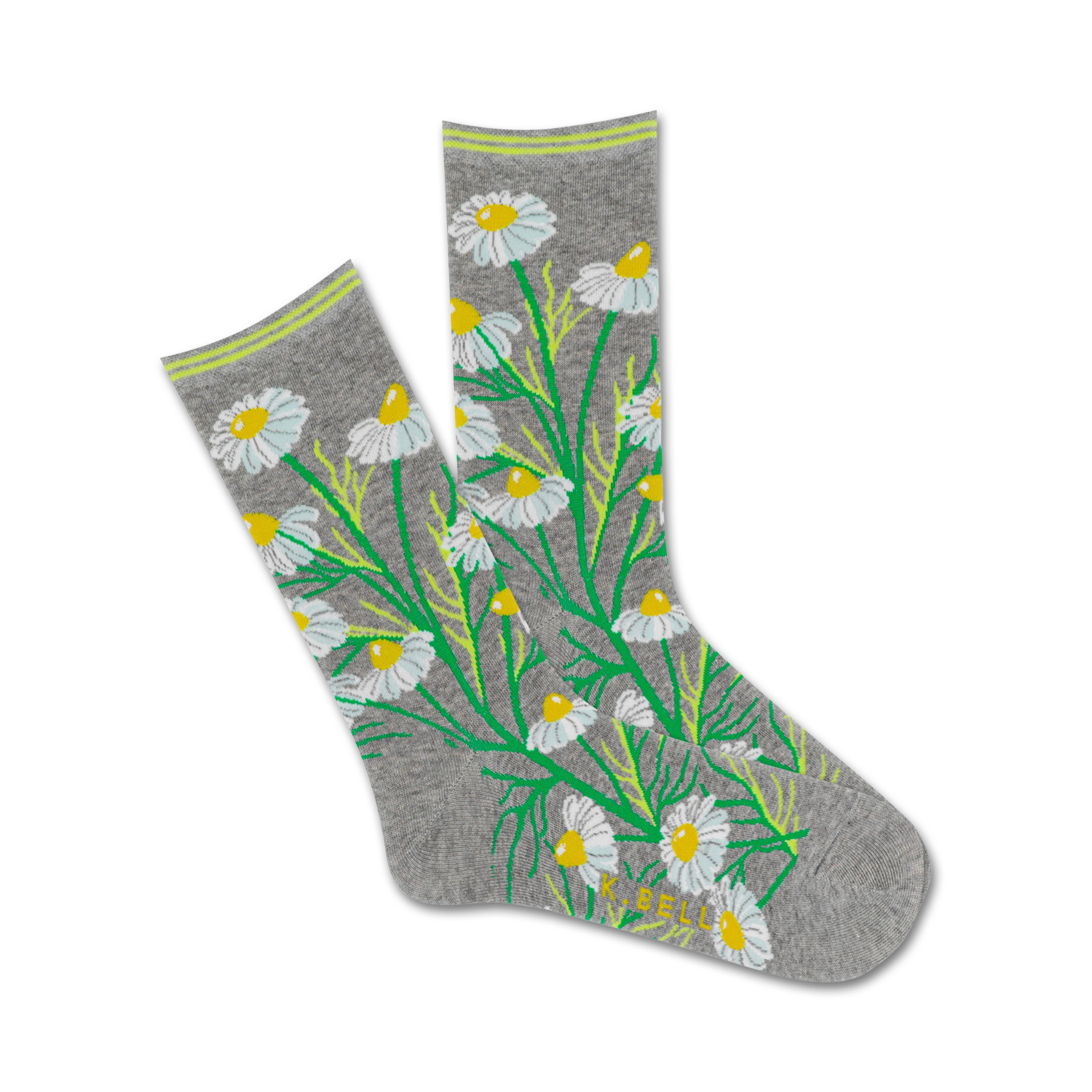 A pair of grey crew socks featuring a whimsical pattern of white daisies and green stems.  The socks have a lime green cuff.
