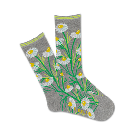 gray crew sock with white daisies featuring yellow centers, green stems, and leaves in random pattern.   