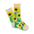 Cream crew socks featuring a cheerful design of yellow sunflowers and green leaves. A great way to brighten up your day!