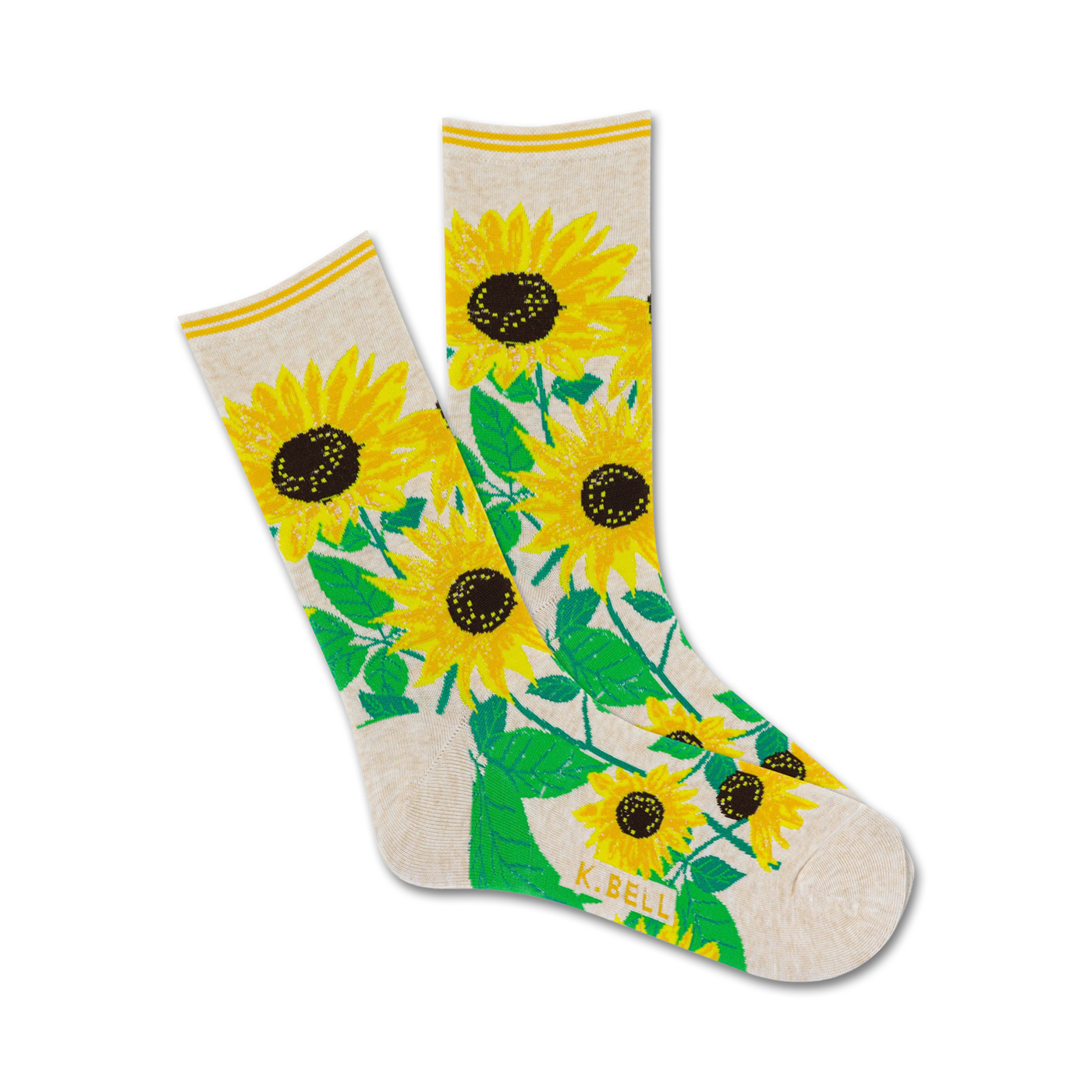 Cream crew socks featuring a cheerful design of yellow sunflowers and green leaves. A great way to brighten up your day!