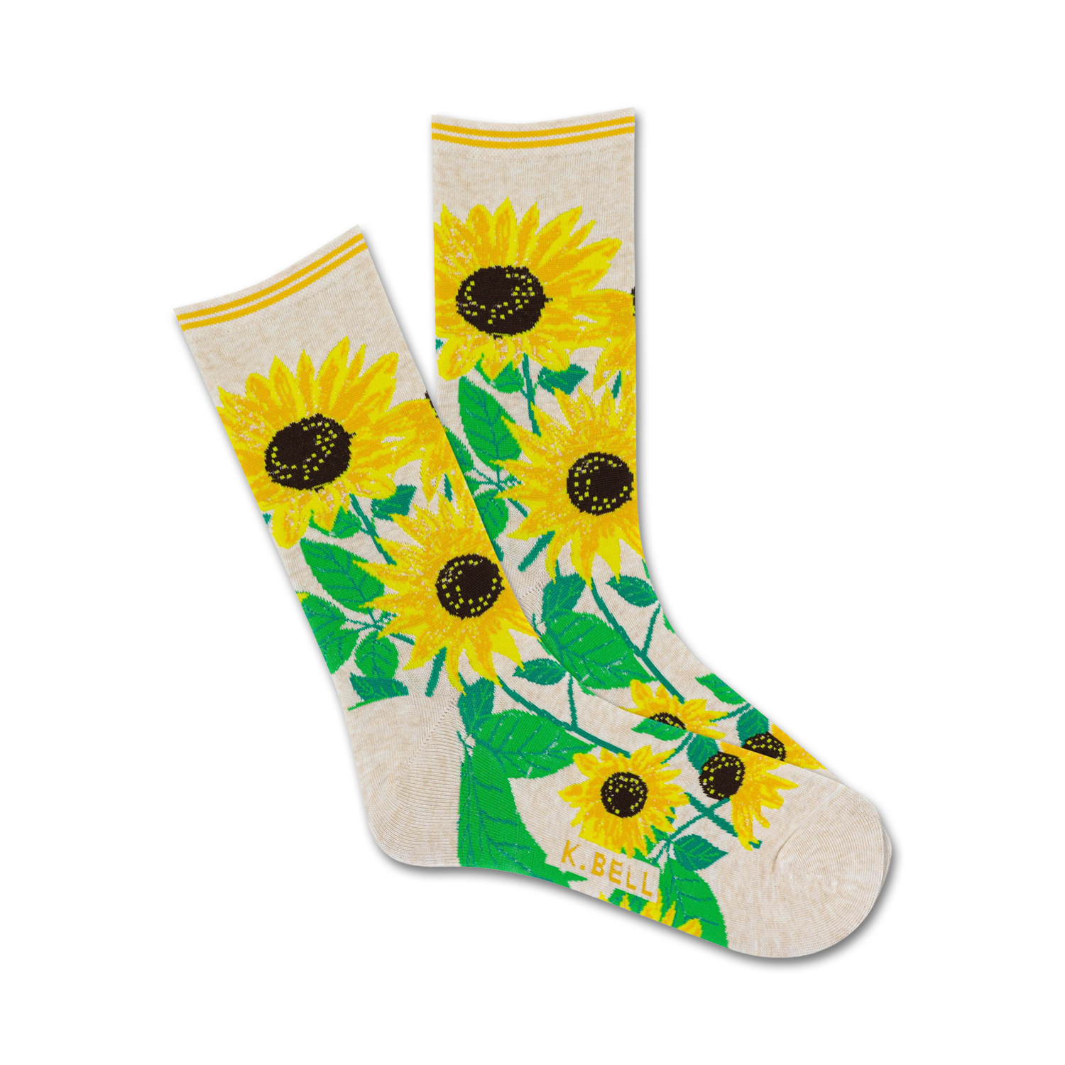 Cream crew socks featuring a cheerful design of yellow sunflowers and green leaves. A great way to brighten up your day!