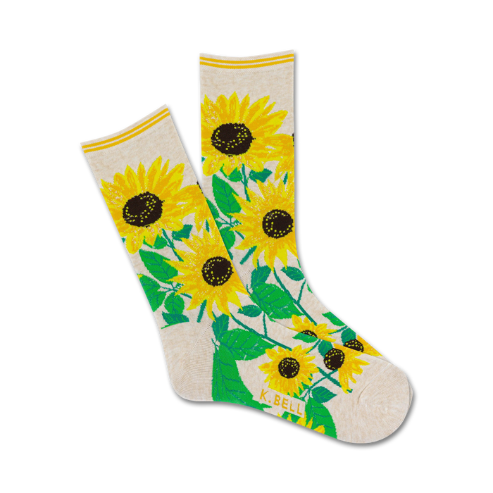 white crew socks with a delightful pattern of yellow and brown sunflowers and green leaves.   }}