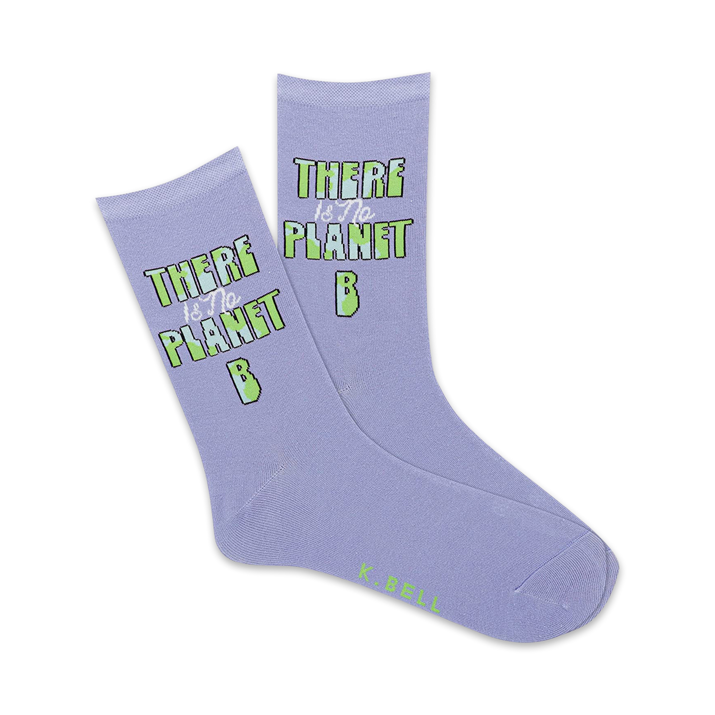 Pair of lavender crew socks with the text 'There Is No Planet B' in light green.  The 'B' is a pixelated Earth graphic.
