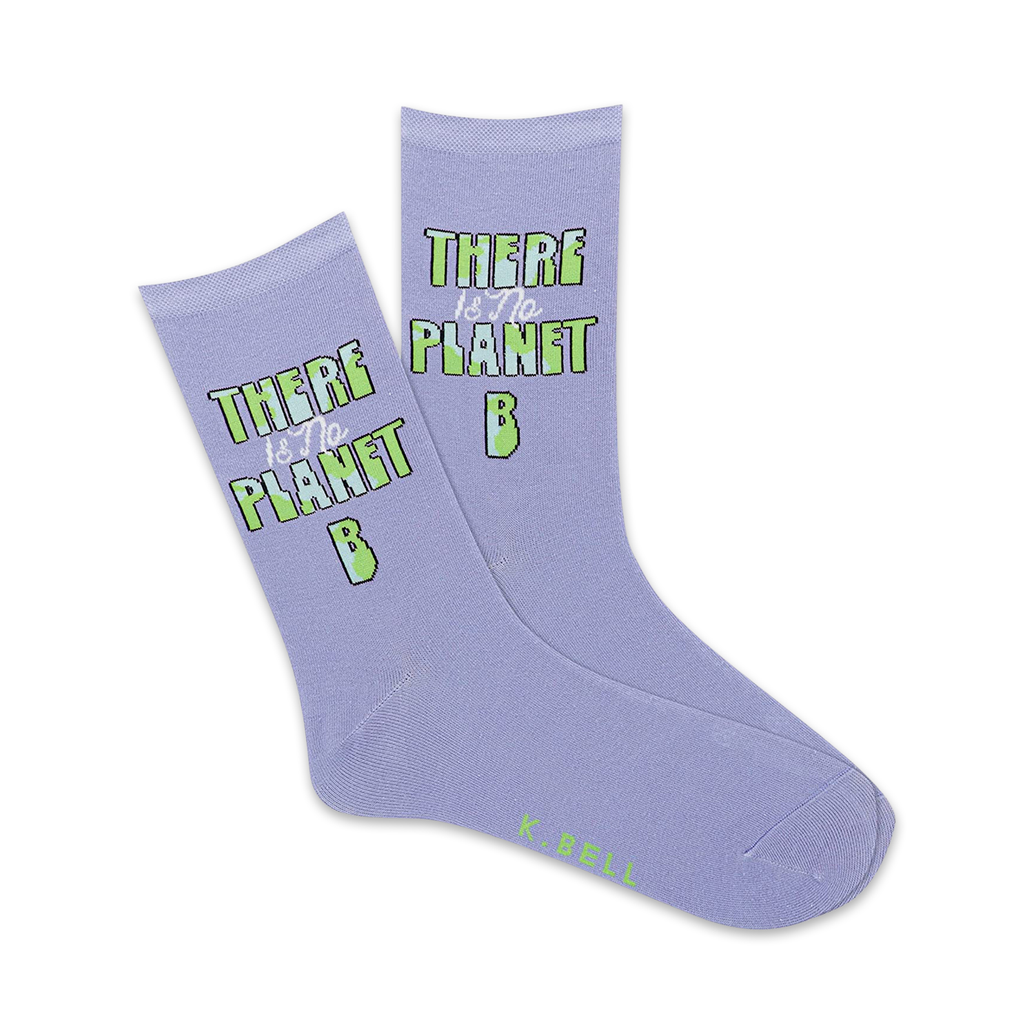 Pair of lavender crew socks with the text 'There Is No Planet B' in light green.  The 'B' is a pixelated Earth graphic.