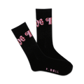 Pair of black crew socks with a pink 'Hi Bye' graphic. The socks are black with pink lettering and feature a small K.BELL logo on the sole.
