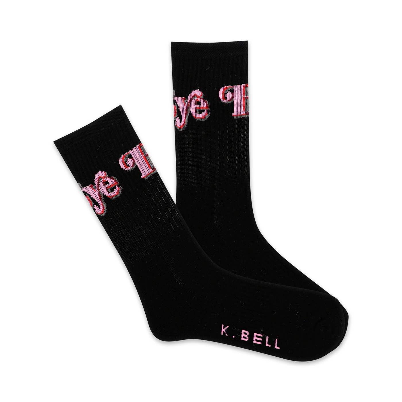 Pair of black crew socks with a pink 'Hi Bye' graphic. The socks are black with pink lettering and feature a small K.BELL logo on the sole.