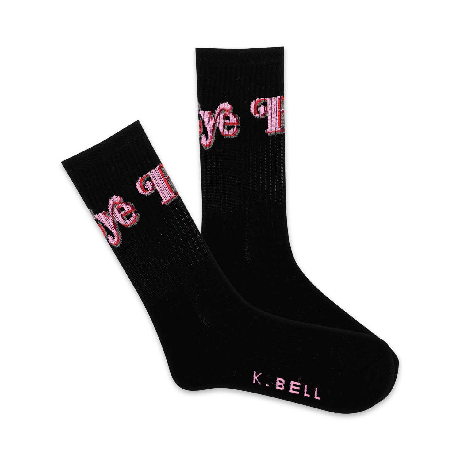 Pair of black crew socks with a pink 'Hi Bye' graphic. The socks are black with pink lettering and feature a small K.BELL logo on the sole.