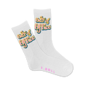 A pair of white crew socks with a playful pink and yellow 'Out of Office' graphic. The socks have ribbed texture and subtle branding.