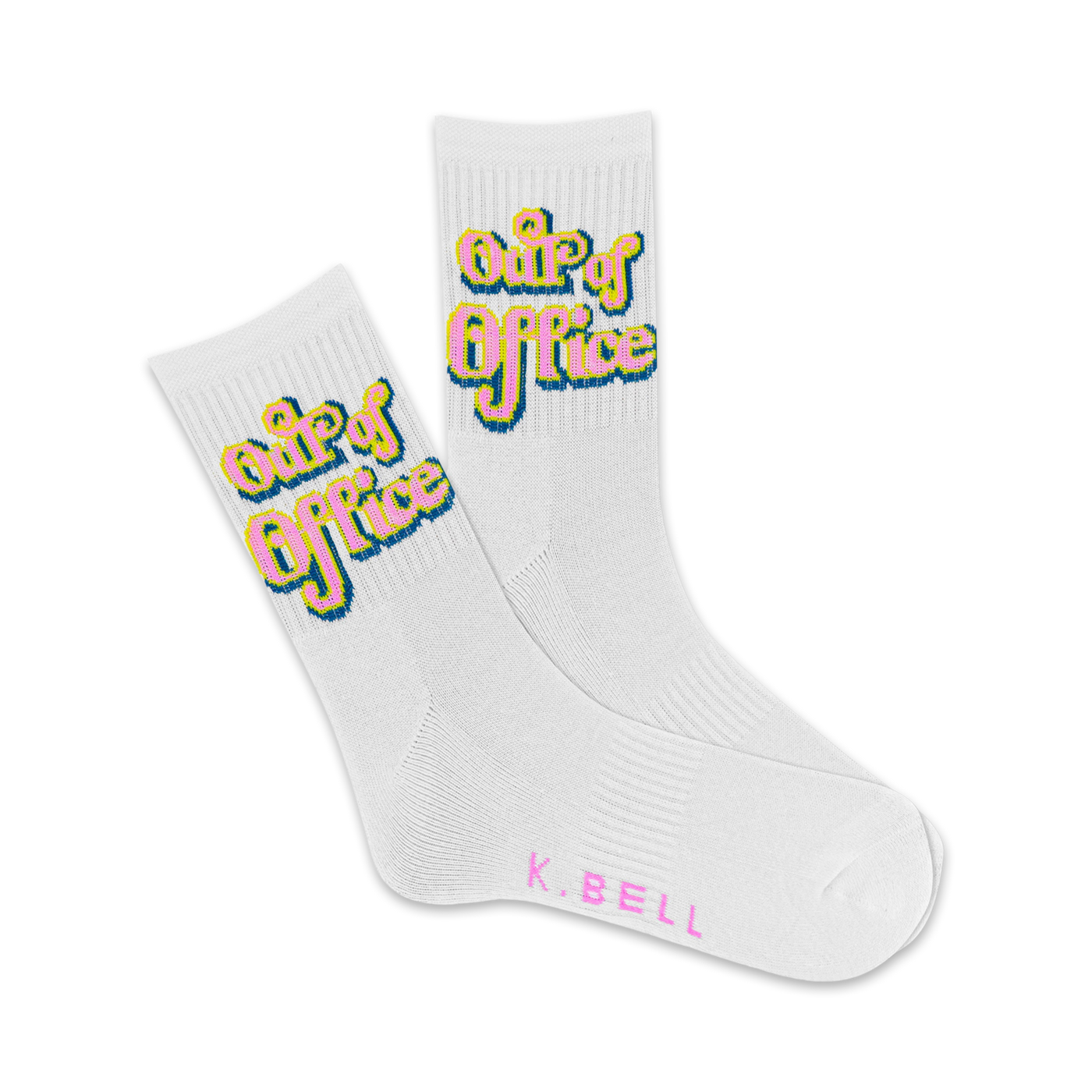A pair of white crew socks with a playful pink and yellow 'Out of Office' graphic. The socks have ribbed texture and subtle branding.