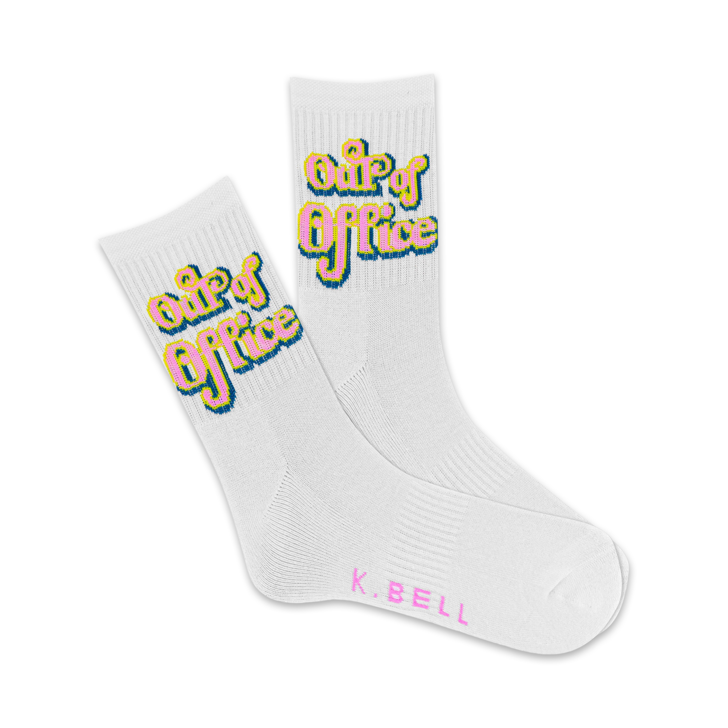 A pair of white crew socks with a playful pink and yellow 'Out of Office' graphic. The socks have ribbed texture and subtle branding.