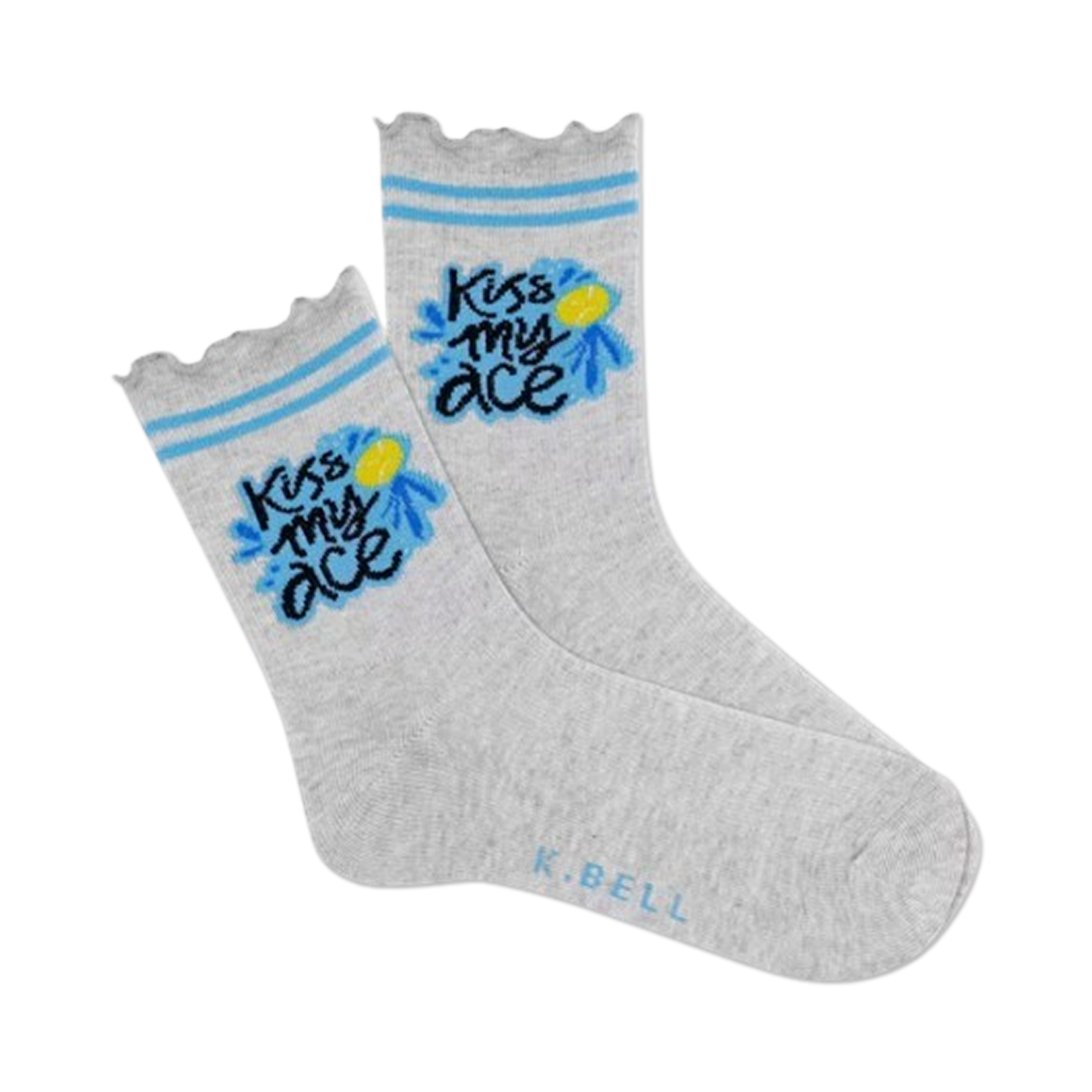 A pair of grey crew socks with a blue daisy and 'Kiss My Ace' written on them.  Light blue stripes at the top. 