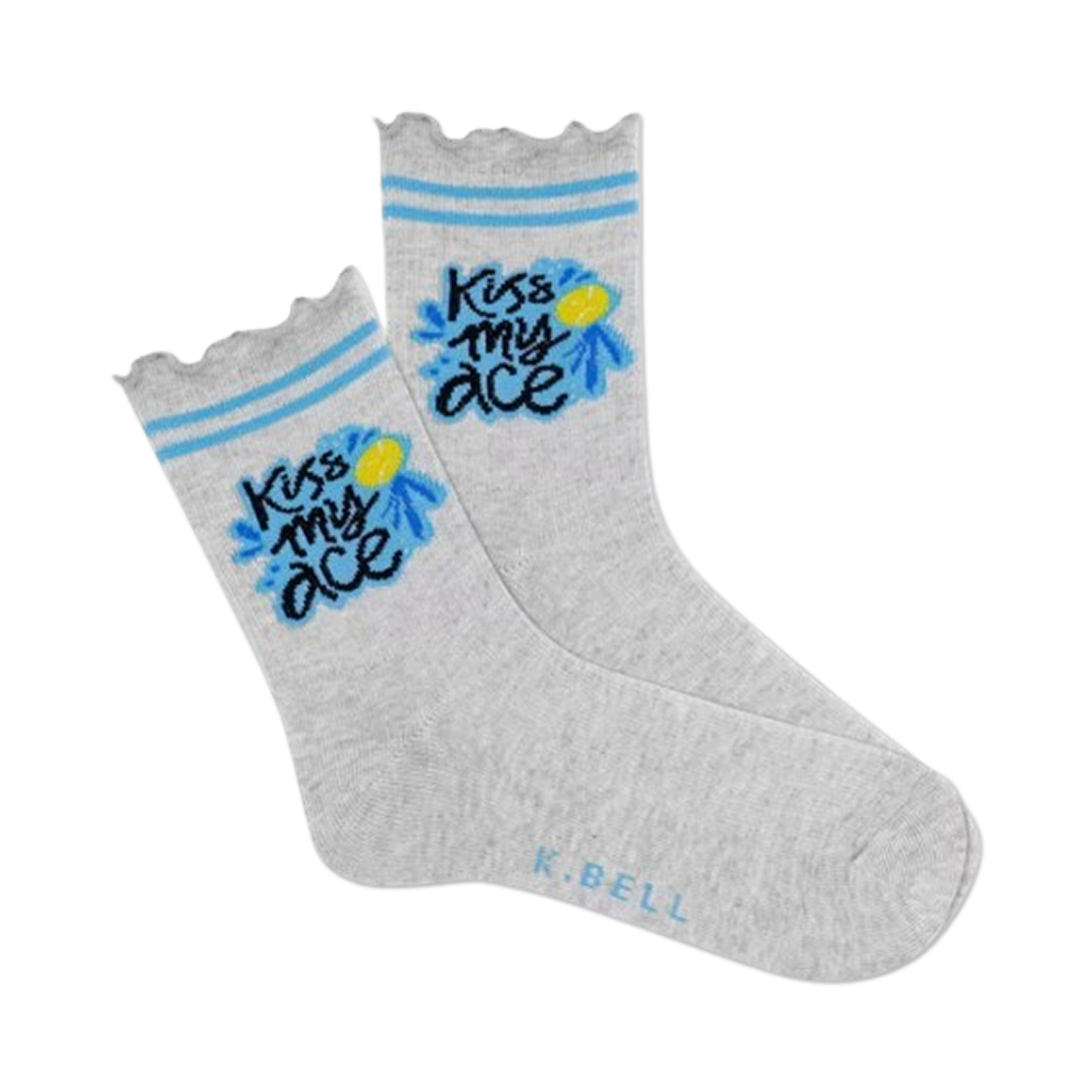 A pair of grey crew socks with a blue daisy and 'Kiss My Ace' written on them.  Light blue stripes at the top. 