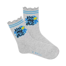 gray crew socks with 'kiss my ace' lettering, blue and white striped cuff, lettuce edge. tennis themed, women's.   