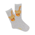 Pair of grey crew socks.  Features an orange and brown retro-style electric guitar graphic with the words 'Rockstar Mom'.