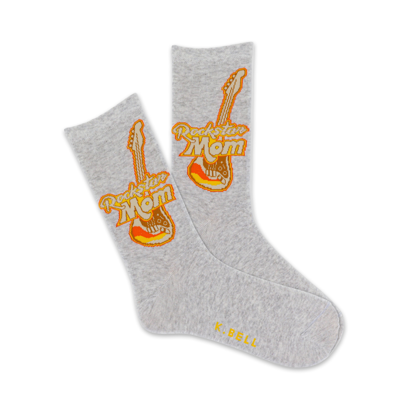 Pair of grey crew socks.  Features an orange and brown retro-style electric guitar graphic with the words 'Rockstar Mom'.