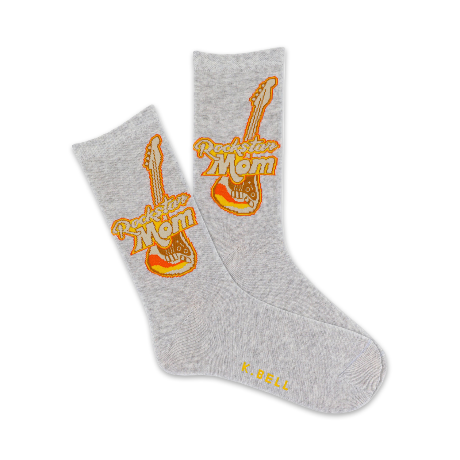 Pair of grey crew socks.  Features an orange and brown retro-style electric guitar graphic with the words 'Rockstar Mom'.