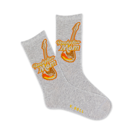 gray crew socks with "rockstar mom" and electric guitar design, perfect for mother's day.  