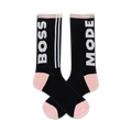 Pair of black crew socks with white "BOSS" and "MODE" text and blush pink accents.  Features thin white stripes.