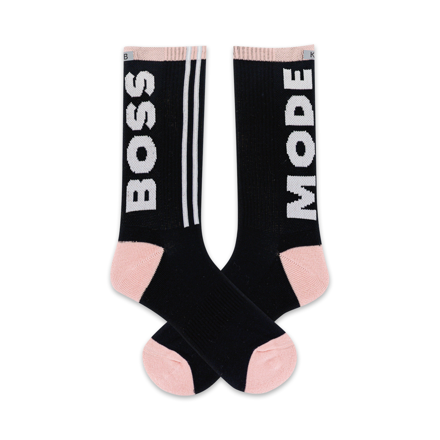 Pair of black crew socks with white "BOSS" and "MODE" text and blush pink accents.  Features thin white stripes.