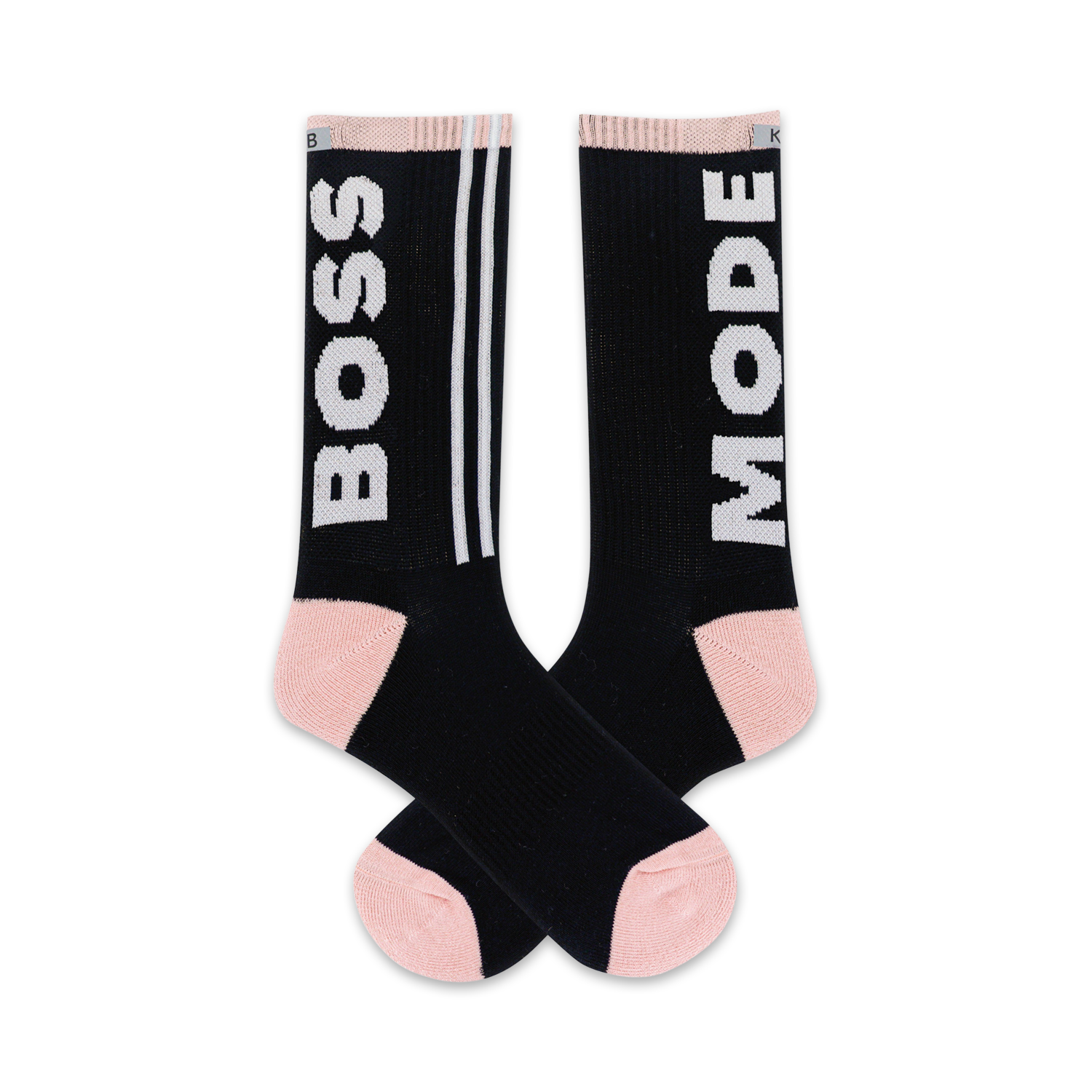 Pair of black crew socks with white "BOSS" and "MODE" text and blush pink accents.  Features thin white stripes.