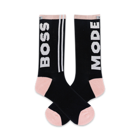 black crew socks with "boss" and "mode" in white, pink toe and heel.  