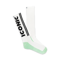 A pair of white crew socks with a black 'Iconic' logo and mint green heel and toe. 