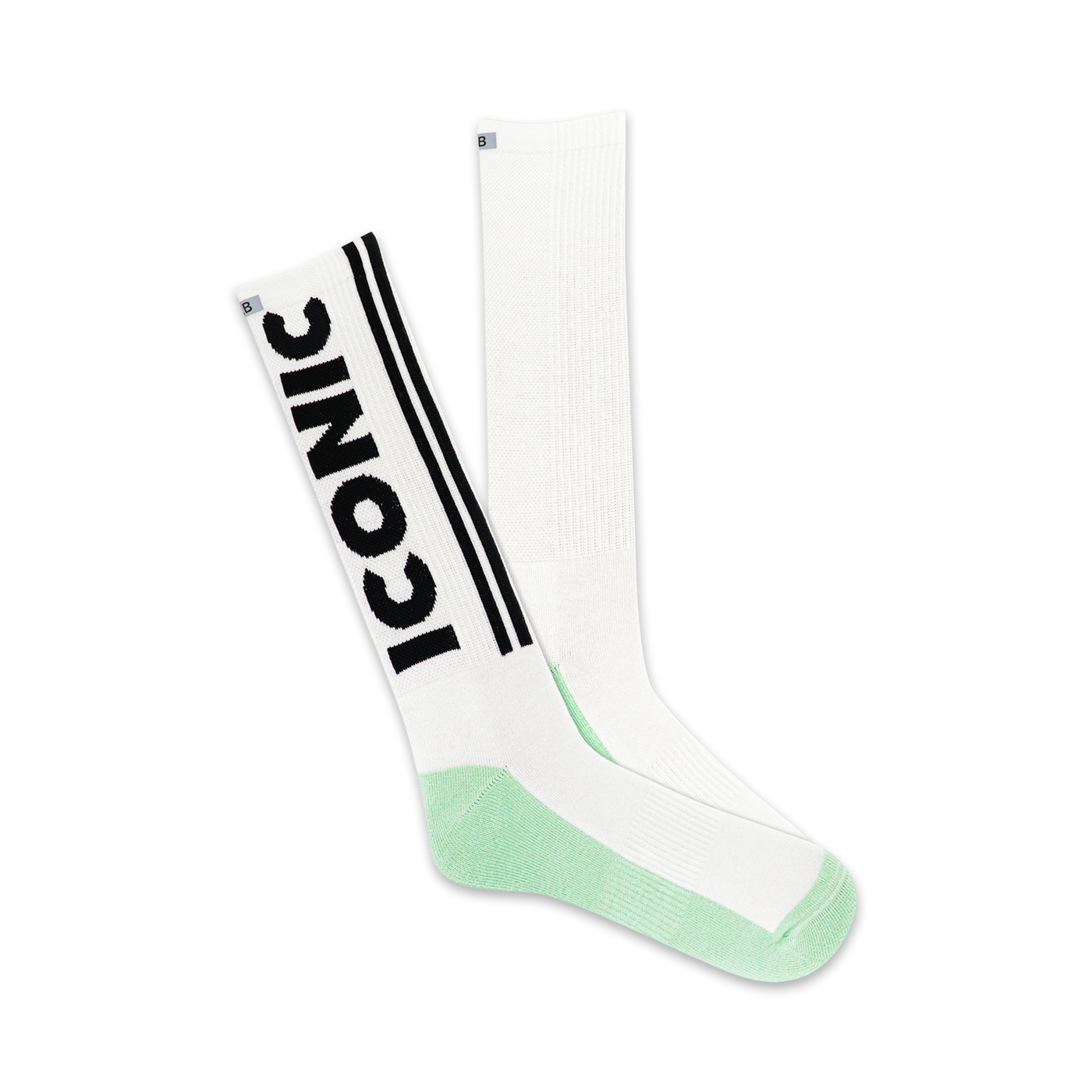 A pair of white crew socks with a black 'Iconic' logo and mint green heel and toe. 