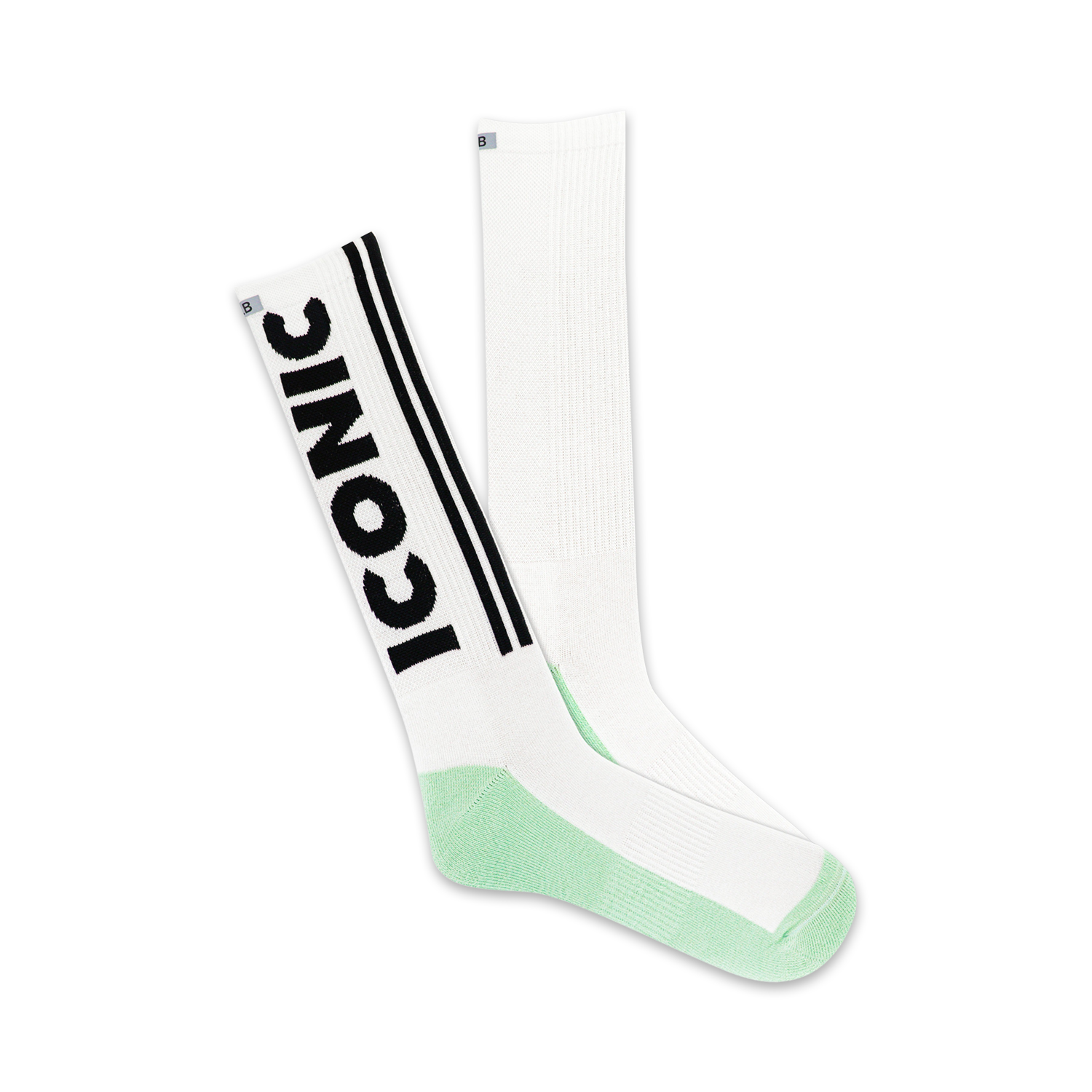 A pair of white crew socks with a black 'Iconic' logo and mint green heel and toe. 