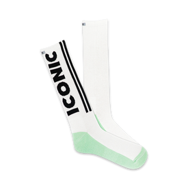 mens crew length athletic socks in black, white, and green with black iconic lettering   