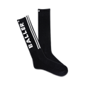 Pair of black crew socks with white stripes and 'BALLER' lettering down the side. 
