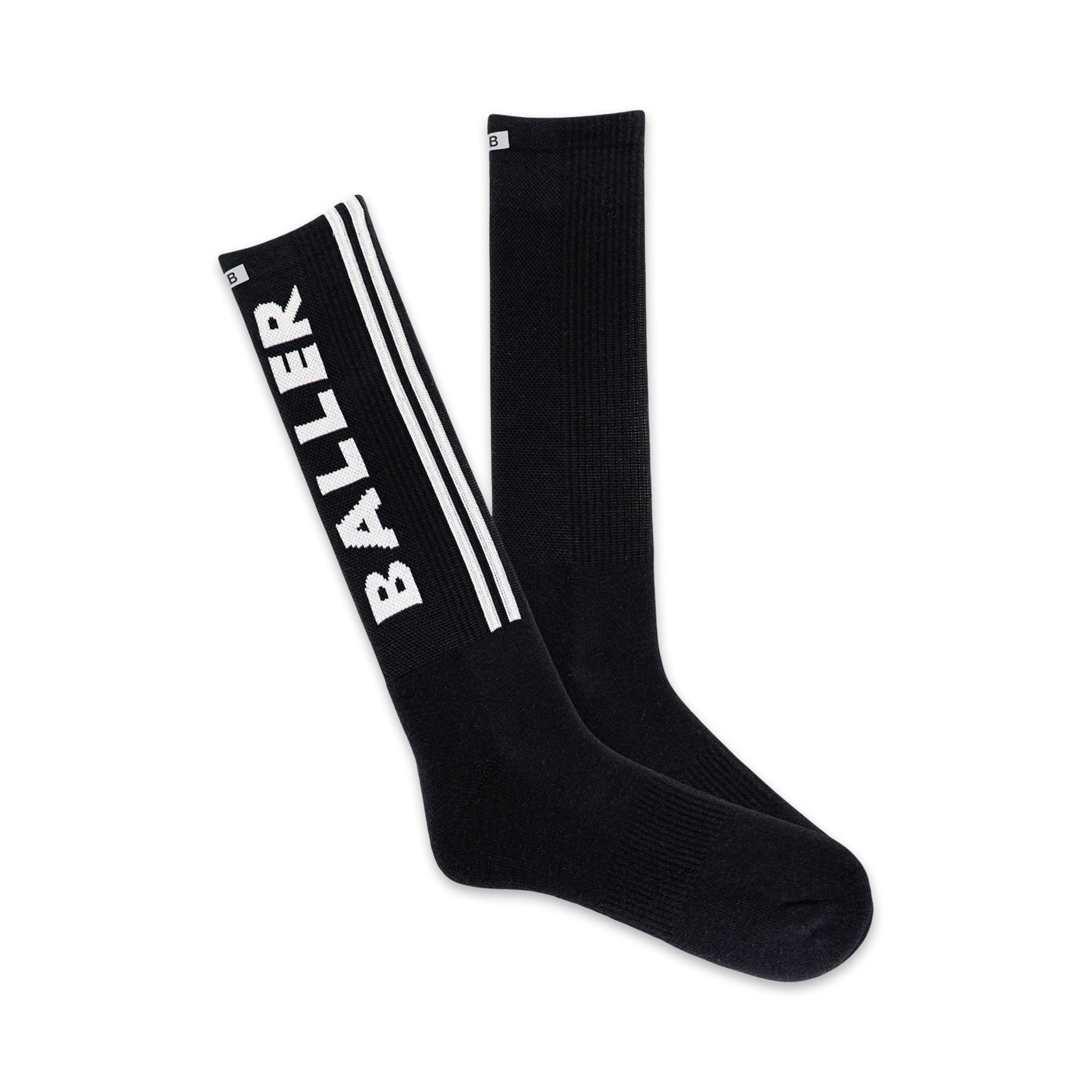 Pair of black crew socks with white stripes and 'BALLER' lettering down the side. 