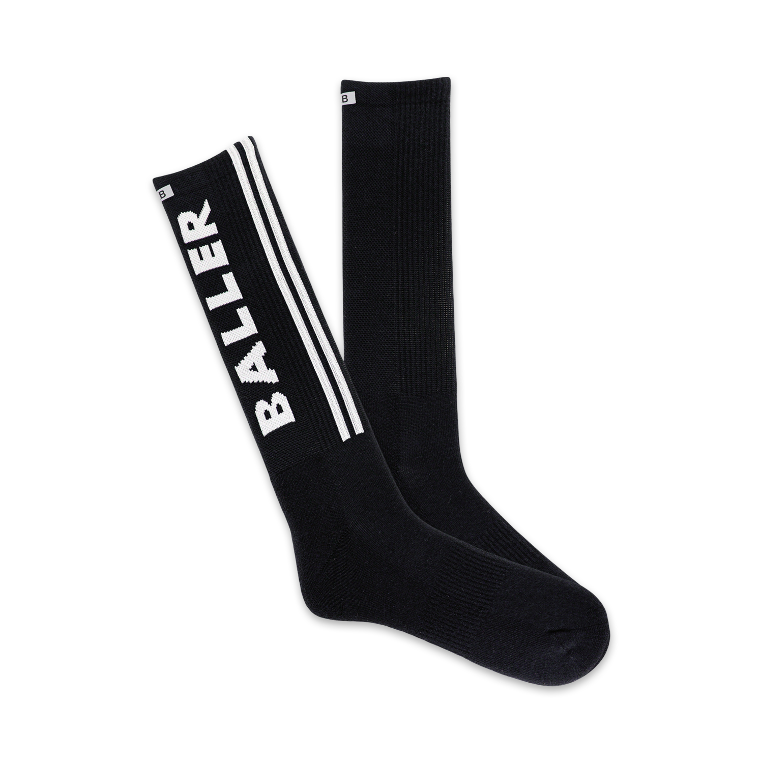 Pair of black crew socks with white stripes and 'BALLER' lettering down the side. 