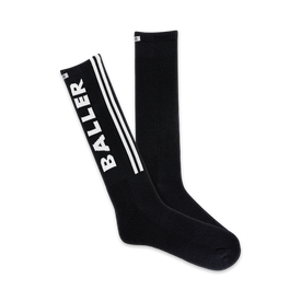 men's black crew socks with white stripes and the word "baller" in white text on the side. workout theme.   