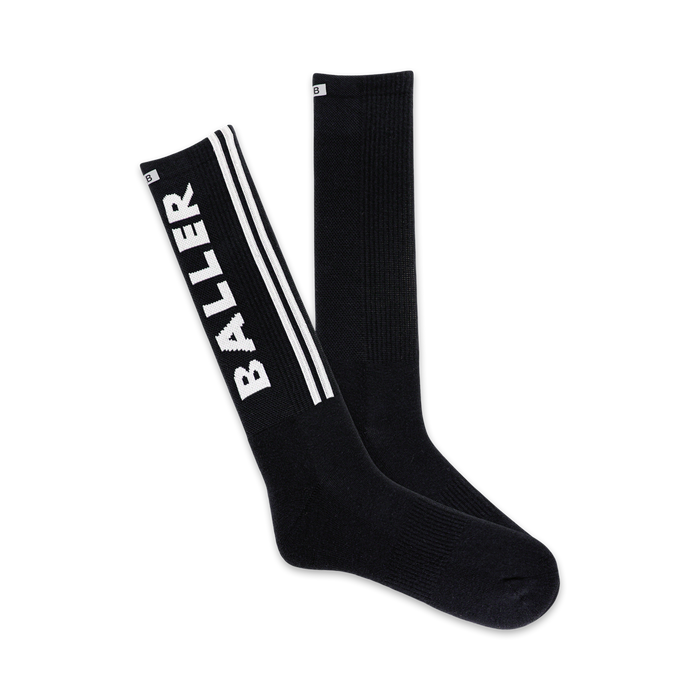 men's black crew socks with white stripes and the word 