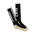 Pair of black crew socks with 'RUNNING' and 'LATE' printed vertically.  Features off-white stripes and a beige heel and toe.