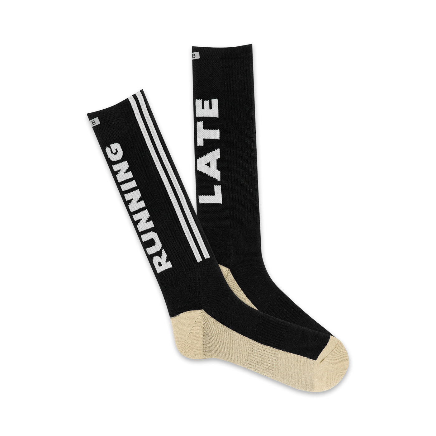 Pair of black crew socks with 'RUNNING' and 'LATE' printed vertically.  Features off-white stripes and a beige heel and toe.