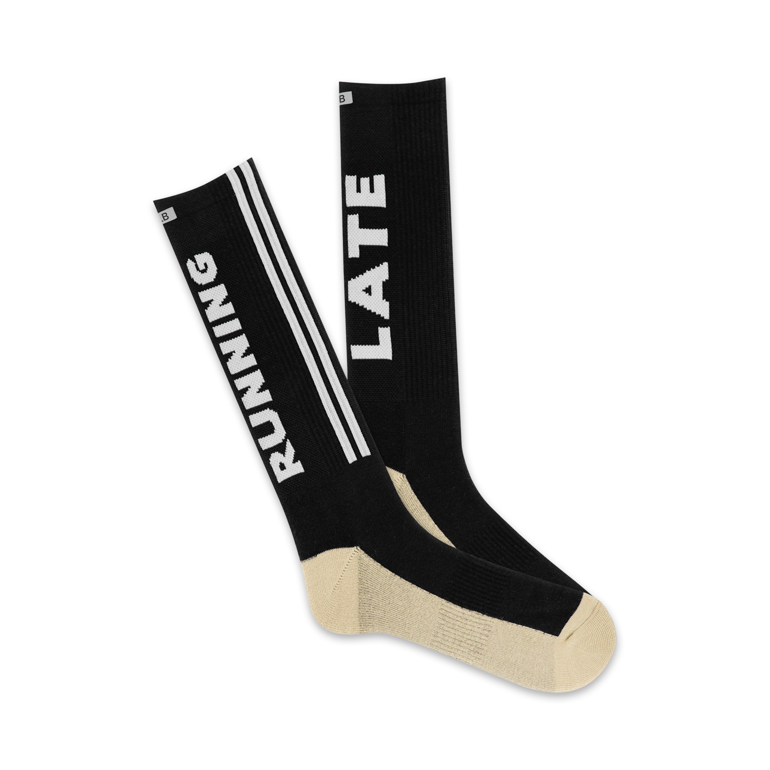 Pair of black crew socks with 'RUNNING' and 'LATE' printed vertically.  Features off-white stripes and a beige heel and toe.