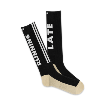 "mens running late crew socks in black cotton blend with white lettering"  