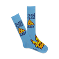 Pair of light blue crew socks with a cartoon pizza slice and 'Slice Slice Baby' text.  The pizza is yellow, red, and brown.