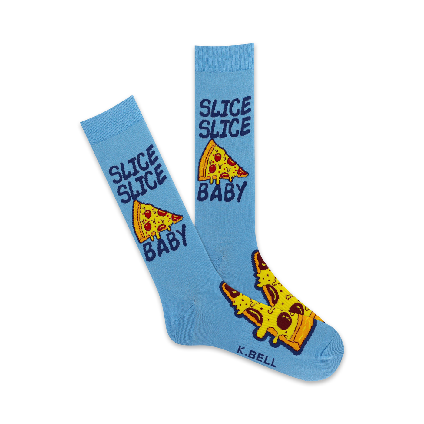 Pair of light blue crew socks with a cartoon pizza slice and 'Slice Slice Baby' text.  The pizza is yellow, red, and brown.