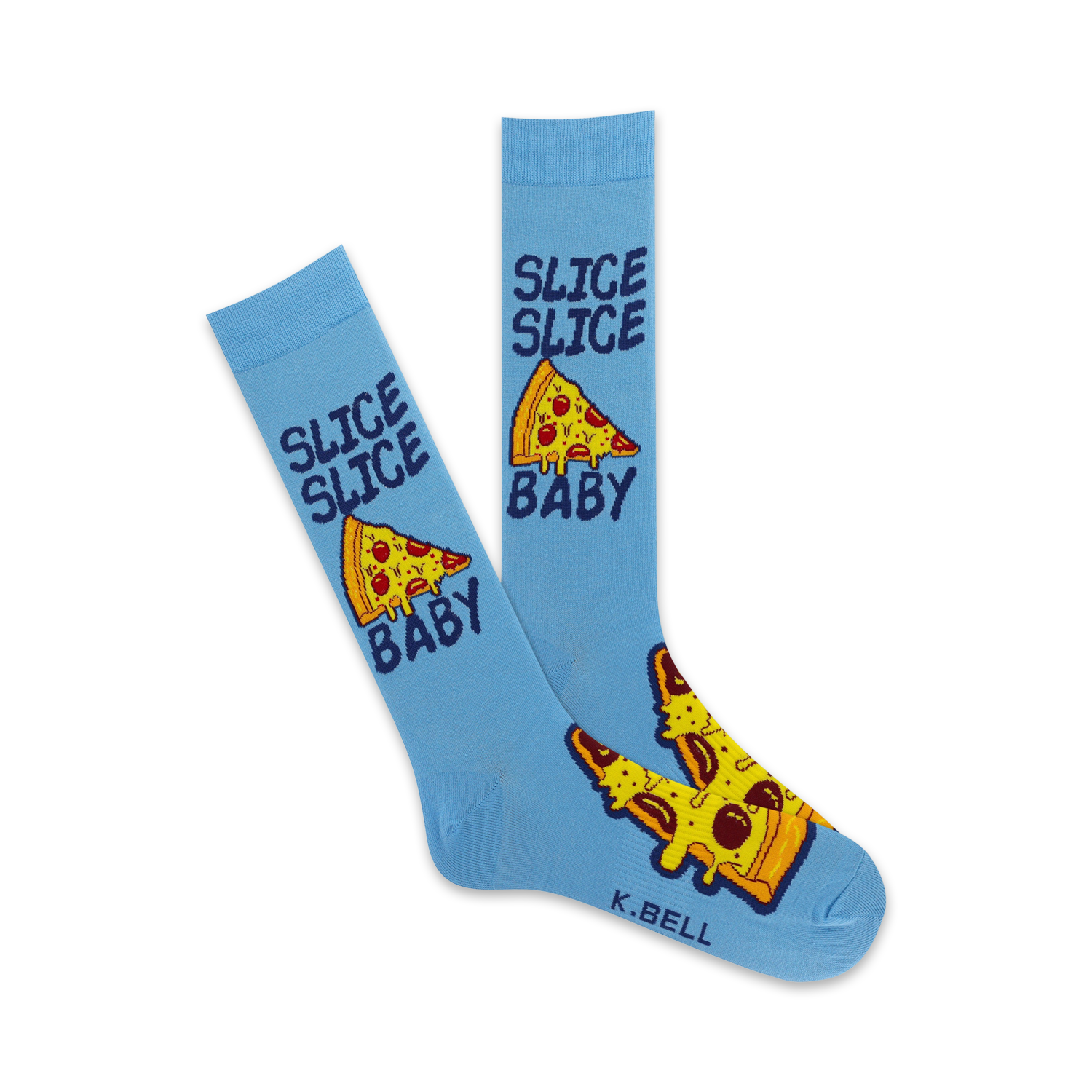 Pair of light blue crew socks with a cartoon pizza slice and 'Slice Slice Baby' text.  The pizza is yellow, red, and brown.