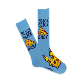 slice slice baby! blue pizza-themed men's crew socks with cartoon pizza slices and the text 'slice slice baby'.    