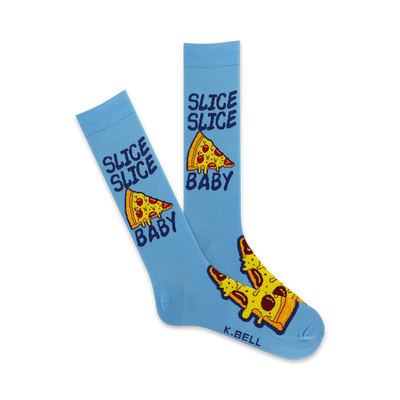 slice slice baby! blue pizza-themed men's crew socks with cartoon pizza slices and the text 'slice slice baby'.    